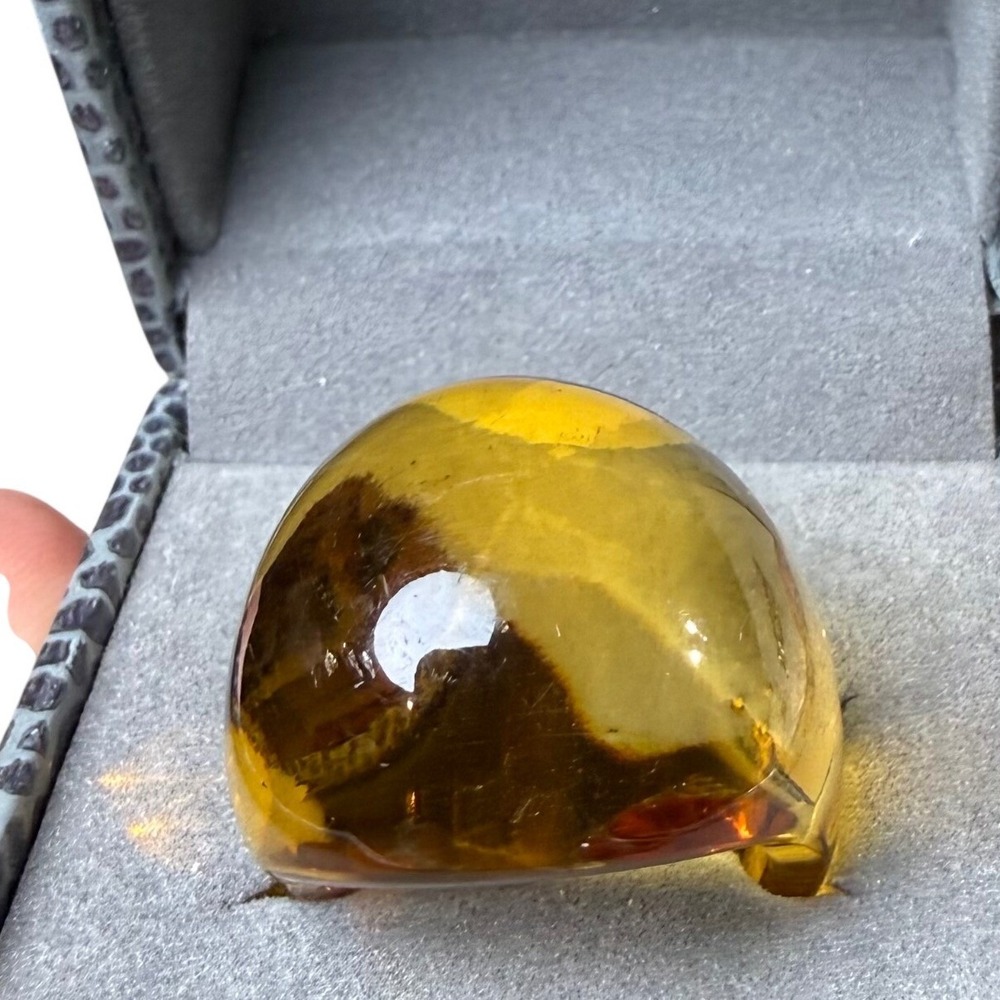 Lalique Crystal Cabochon Ring Size 7 Amber Yellow Dome France